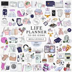 a book cover with lots of different items on top of it and the title life planner mega bundle