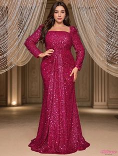 Qteee - Sparkling Evening Gown with a Sophisticated Square Neck and Long Sleeves - Perfect for Dance Parties and Formal Events Gown With Long Sleeves, Sequin Evening Gowns, Long Sleeve Evening Gowns, Mermaid Evening Gown, Crop Top Dress, Elegant Maxi Dress, Fitted Midi Dress, Fish Tail, Knitted Bodycon Dress