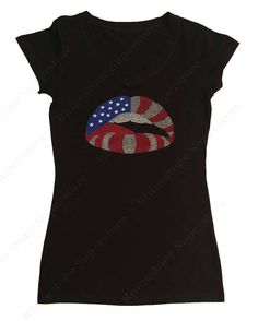 "This is for a New Women's Shirt or Tank Top Embellished with \" American Flag Lips 4th of July \"  made in Rhinestuds with a choice of  the Following Styles Available  Fitted V-Neck Cap Sleeve  Fitted V-Neck Long Sleeve  Ribbed Razorback Tank Top Unisex Loose Fitting V-Neck Short Sleeve Unisex Loose Fitting Crew Neck Short Sleeve Fitted V-Neck Cap Sleeve & Long Sleeve Style Attributes are as follows:     Made of 95% Cotton and 5% Spandex,  Light Weight Combed Cotton Build to Stretch.     Small: American Flag Shirt, American Shirts, Cap Sleeve, Combed Cotton, Womens Clothing Tops, American Flag, Cap Sleeves, 4th Of July, Sleeve Styles