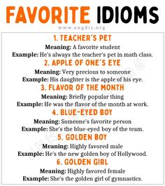 an orange and black poster with the words favorite idioms on it's side