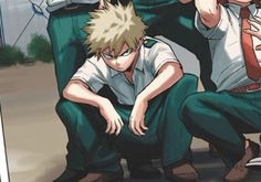 two anime characters are sitting on the ground with their hands in their pockets and one is holding his head