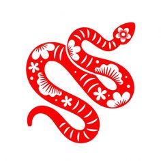 a red and white snake with flowers on it's tail, in the shape of a