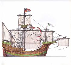 an old sailing ship with flags on it's masts and sails, is shown in this drawing