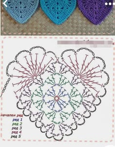 three crocheted hearts sitting next to each other