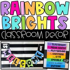 rainbow lights classroom decor is displayed in front of a black and white striped background with colorful letters