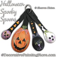 halloween spooky spoons decorated with black cats and pumpkins