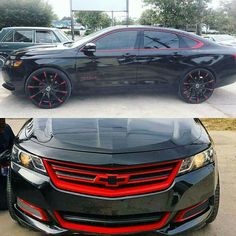 two different cars side by side with red rims and black paint on the hood