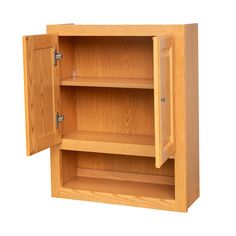 a wooden cabinet with two open doors