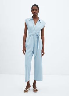 Denim jumpsuit with belt - Women | Mango USA Jumpsuit Belt, Jumpsuit With Belt, Oversized Wool Coat, Belted Wrap Dress, Button Shirt Dress, Satin Shirt Dress, Wrap Dress Short, Belt Women, Linen Jumpsuit