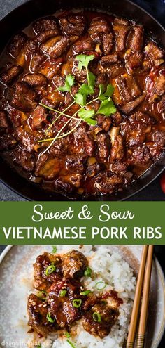 sweet and sour vietnamese pork ribs with rice in a skillet