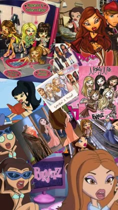 many cartoon characters are grouped together in this collage, including one girl with long hair and