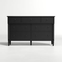 a black dresser with four drawers and two doors on each side, in front of a white background