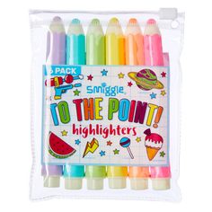 six different colored crayons with the words to the point highlighters