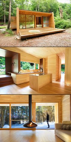 the inside and outside of a house in the woods