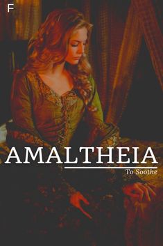 a woman sitting on top of a bed in front of a window with the words amalthheia to soothe