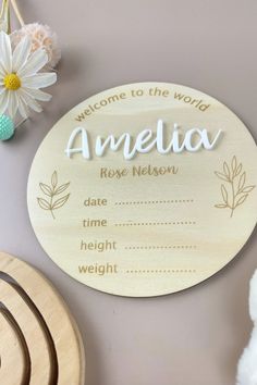 a wooden sign that reads welcome to the world amelie rose nelson on it next to some flowers