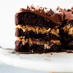 a piece of chocolate cake on a plate with a fork