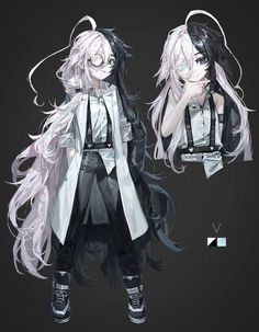 an anime character with long white hair and black pants