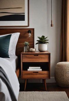 a nightstand with a potted plant on it next to a bed in a bedroom