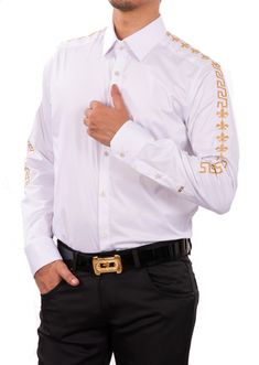 Gold "Fleur De lis" Metallic embroidery style brings an opulent look to a stretch-cotton shirt that's elegant on its own or layered under other pieces This white gold Mondo shirt adds elegance and mystery that is emblematic of Mondo's freedom, empowerment and individualism From boardroom meetings to happy hours this stretch-infused shirt makes polished style effortless. A new and versatile wardrobe staple, great for under the blazer for dinner, party and special occasion night Sharp tailoring st Designer White Sets With Gold Embroidery, White Semi-stitched Sets With Gold Embroidery, Luxury Men's Sets With Gold Embroidery, Luxury Men's Shirt With Embroidered Logo, White Embroidered Shirt With Spread Collar, Sport Pants, Embroidered Shirt, Polished Look, White Shirt