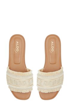 Fringe trim highlights the textured strap of a lightweight slide that's ideal for all your warm-weather adventures. Textile upper/synthetic lining and sole Imported Shuffle Cutouts, Vacay Fits, Goddess Vibes, Cute Slides, Preppy Bedroom, Summer Slides, Boho Shoes, Preppy Shoes, Cozy Boots