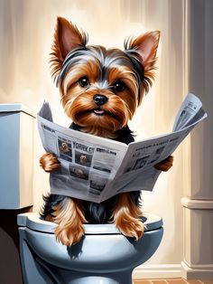 a painting of a dog sitting on top of a toilet reading a newspaper while holding it in its paws