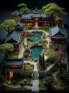 a model of a japanese house with trees and water in the foreground, lit up at night