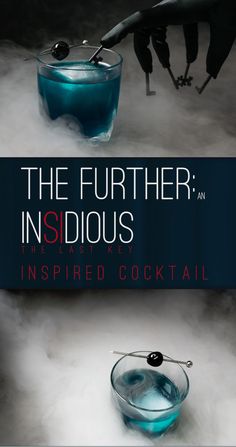 the further insidious book cover shows a blue cocktail in a glass with a spoon sticking out of it