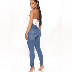 Fashion Nova Classic Beauty Skinny Jeans Brand New With Original Tags Perfect Flawless Condition Size 3 Stretchy Blue Fitted Top For Summer, Blue High Waist Tops For Day Out, Blue Tops For Day Out, Jeans Outfits, Jeans Fashion, Fashion Nova Jeans, Medium Wash Jeans, Jeans Color, Classic Beauty