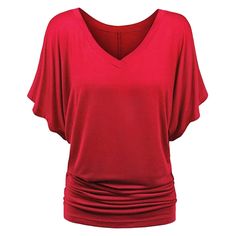 Plus Size V Neck Ruched T-shirt - Red - 4W88394047 - Women's Clothing, Women's Tops & T-Shirts  #WomensTopsTShirts #Women's #Clothing # #Women's #Tops #& #TShirts Plus Size Tops For Women, Shirt Blouses Women's, Batwing Sleeve Top, Top Plus Size, Sleeves Clothing, Short Sleeve Pattern, Comfortable Tops, Loose Tops, Tunic Shirt