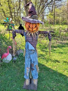 a scarecrow is standing in the grass