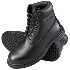 No matter where your employees go, keep them protected with this pair of Genuine Grip 760 women's size 5.5 wide width black waterproof non slip boots. Perfect for production plant workers, electricians, mechanics, or anyone working in adverse conditions, this pair of waterproof and oil resistant boots will keep feet dry as your employees do their job without worry. Not only does the quality leather upper resist liquid, but the patent pending Genuine Grip slip-resistant rubber outsole provides un Good Work Boots, High Quality Boots, Comfy Boot, Womens Waterproof Boots, Steel Toe Boots, Steel Toe Work Boots, Work Boot, Protective Clothing, Leather Boot