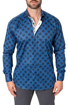 A mesmerizing abstract pattern covers this luxe shirt cut from fine cotton designed to keep you looking and feeling your best. Spread collar Long sleeves with button cuffs 100% cotton Machine wash, dry flat Made in Turkey Blue Long Sleeve Top With Geometric Pattern, Elegant Shirt With Button Closure And Patterned Design, Formal Collared Patterned Shirt, Designer Fitted Blue Shirt, Designer Patterned Printed Shirt, Designer Blue Tops With Button Closure, Designer Blue Tops With Buttons, Patterned Button-up Formal Shirt, Formal Patterned Button-up Shirt