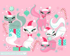 christmas cats with santa hats and candy canes on a blue background, surrounded by presents