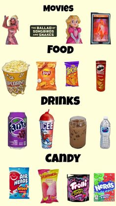 an image of some food and drinks with words above it that say movies, food, drinks