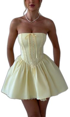 Fitted A-line Corset Dress With Lace-up Back, Fitted A-line Corset Dress For Debutante Ball, Overbust Dresses With Corset Back For Prom Season, Overbust Corset Back Dresses For Prom Season, Mini Corset Dress For Prom Season, A-line Corset Dress With Boned Bodice For Prom, Strapless Corset Dress With Boning For Prom, Strapless Corset Dress With Boning For Prom Season, Summer Homecoming Corset Dress With Fitted Bodice