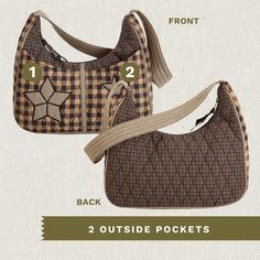 PRIMITIVE COUNTRY FASHION: Charcoal gray, dark tan, and black plaid with primitive patchwork stars complement a rustic sense of style.SIZED JUST RIGHT: Not too big and not too small, the Blakely measures 11" wide, 9.5” high at the sides (7" in the middle), and 4" deep. The shoulder strap is 22.5" long with a 13" drop. It’s the perfect hobo-style bag to carry everything you need!PLENTY OF POCKETS: With 2 inside slip pockets, 1 inside zip pocket, and 2 outside slip pockets, the Blakely makes stayi New Milford Connecticut, Country Fashion, Americana Fashion, Hobo Style, Dark Tan, Country Primitive, Diamond Quilt, Black Plaid, Charcoal Gray