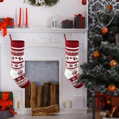 christmas stockings hanging from fireplace mantel in living room