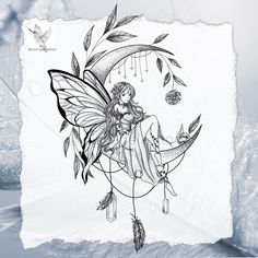 a drawing of a fairy sitting on the moon