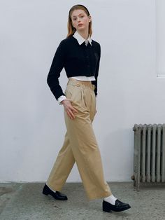 Editor's NotesROLAROLA's cotton two tuck pants with a soft texture and unique mood of ROLAROLA. The pants is comfortable and perfect for classic outfits.- Cotton two tuck pants - Cotton pants with a wide fit- Two tuck detail on the front- Gold button detail- Comfortable pants for versatile styling- Creates a casual moodMeasurements (inch)S/M- Length: 40.9/41.5 inch- Waist: 26.7/28.3 inch- Hip: 38.6/40.15 inch- Thigh: 26/26 inch- Hem: 18.8/18.8 inch- Front rise: 11.8/12.2 inch- Bac Chic Beige Tapered Leg Chinos, Chic Beige Chinos For Work, Wide Leg Beige Chinos For Fall, Beige Wide Leg Chinos For Fall, Beige Chinos For Fall, Beige Classic Chinos For Fall, Classic Beige Chinos For Fall, Fall Beige Chinos Trousers, Chic Beige Ankle-length Chinos