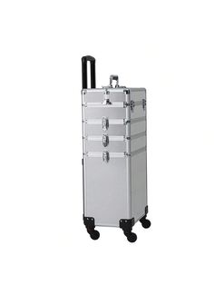 a silver suitcase with wheels and handles is shown on a white background, it appears to be empty