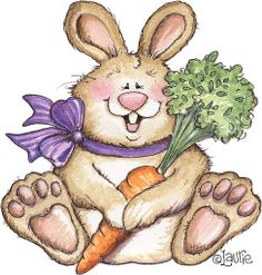 a drawing of a bunny holding a carrot and broccoli