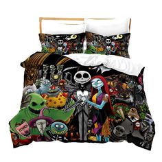 a bed with many cartoon characters on it