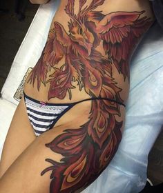 Phoenix Stomach Tattoo, Lower Stomach Tattoos For Women, Floral Hip Tattoo, Lower Belly Tattoos, Lower Stomach Tattoos, Hip Tattoo Designs, Phönix Tattoo, Stomach Tattoos Women, Phoenix Tattoos