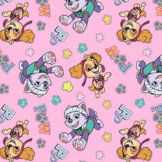 a pink background with cartoon dogs and hearts on it's sides, all in different colors