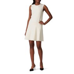 White crepe (70% Triacetate, 30% Polyester). Sheath. Sleeveless. Crew neckline. Hidden back zipper closure. Fully lined. 33". Imported. White Stretch Sheath Mini Dress, Classic White Sheath Mini Dress, White Stretch A-line Sleeveless Dress, White Stretch V-neck Sleeveless Dress, Feminine Off-white Sleeveless Mini Dress, Theory Dress, Draped Dress, Rent The Runway, Closet Designs