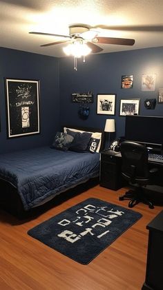 a bedroom with blue walls and wooden floors