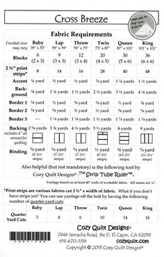 the cross breeze fabric measurements guide for quilts and other sewing projects is shown in this file