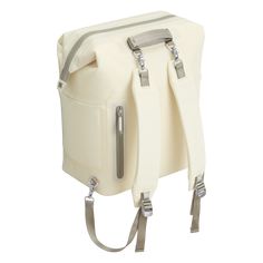 a white bag with two straps hanging from it's side and the bottom part of its