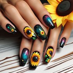 10 Vibrant Yellow Sunflower Nail Design Ideas Edc Nails Designs, Edc Nails, Country Nail Designs, Glitter Nails Diy, Sunflower Nail, Sunflower Nail Art, Boho Nails, Country Nails